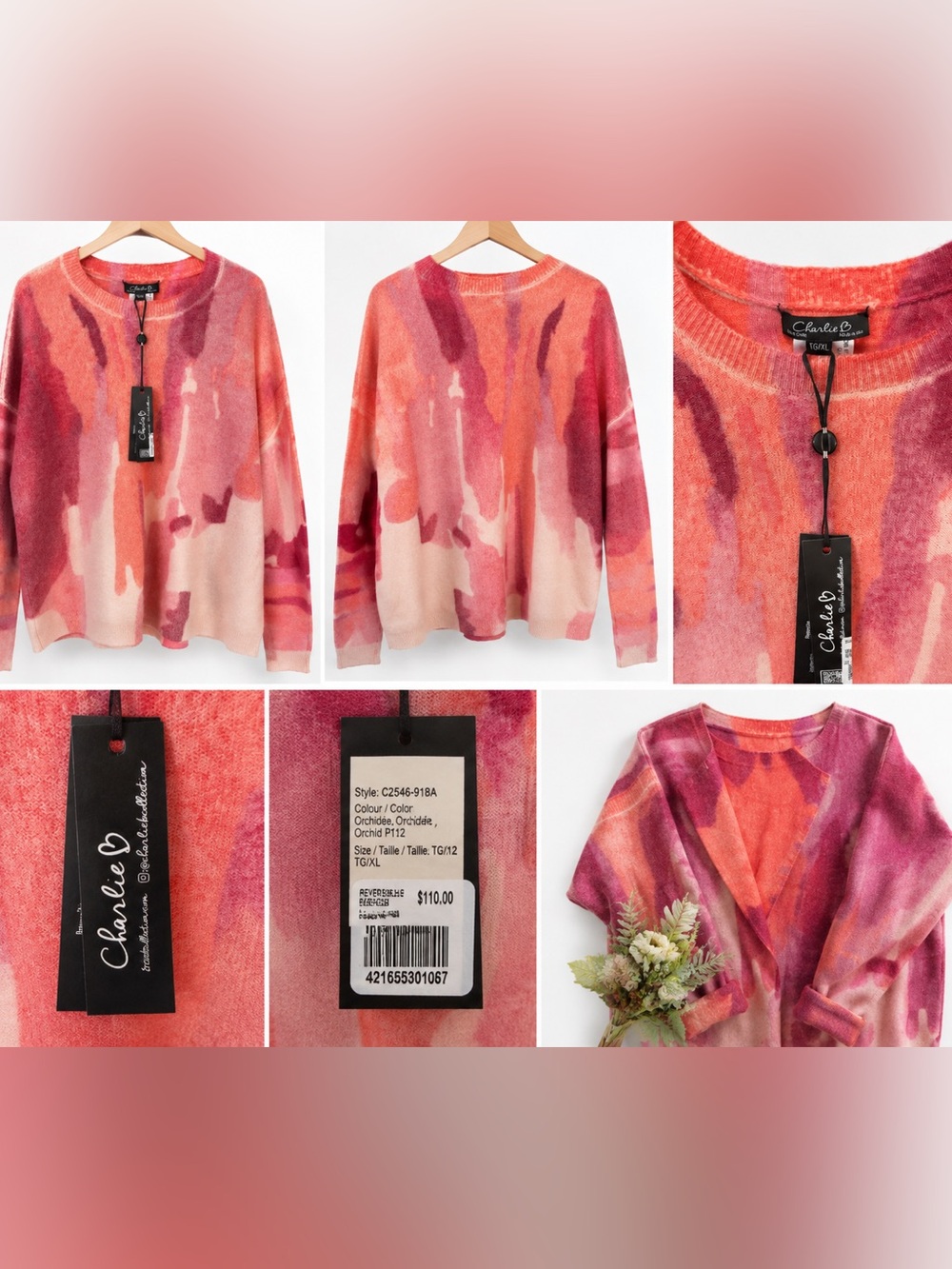 Charlie B Reversible Abstract Sweater XL Orchid Pink NWT $110